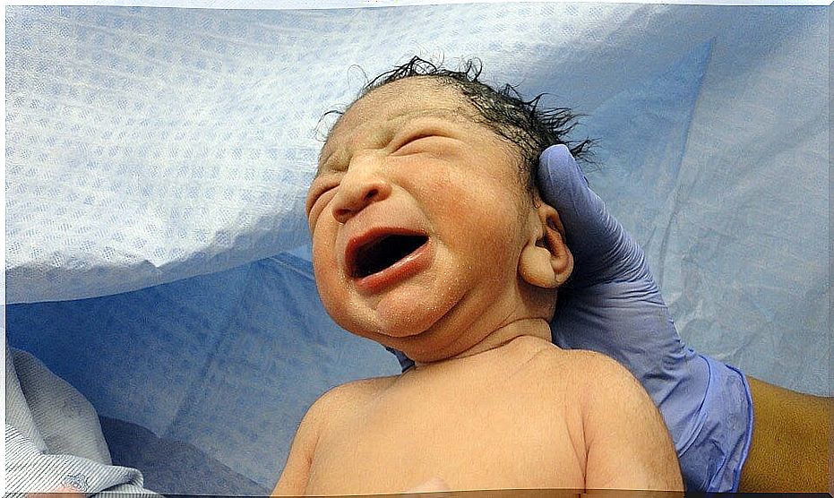 A baby crying right after giving birth 